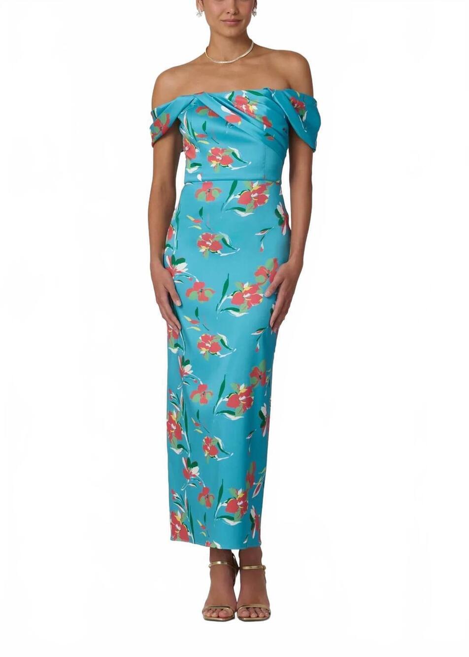 NEW SHOSHANNA calder midi dress in sea blue multi